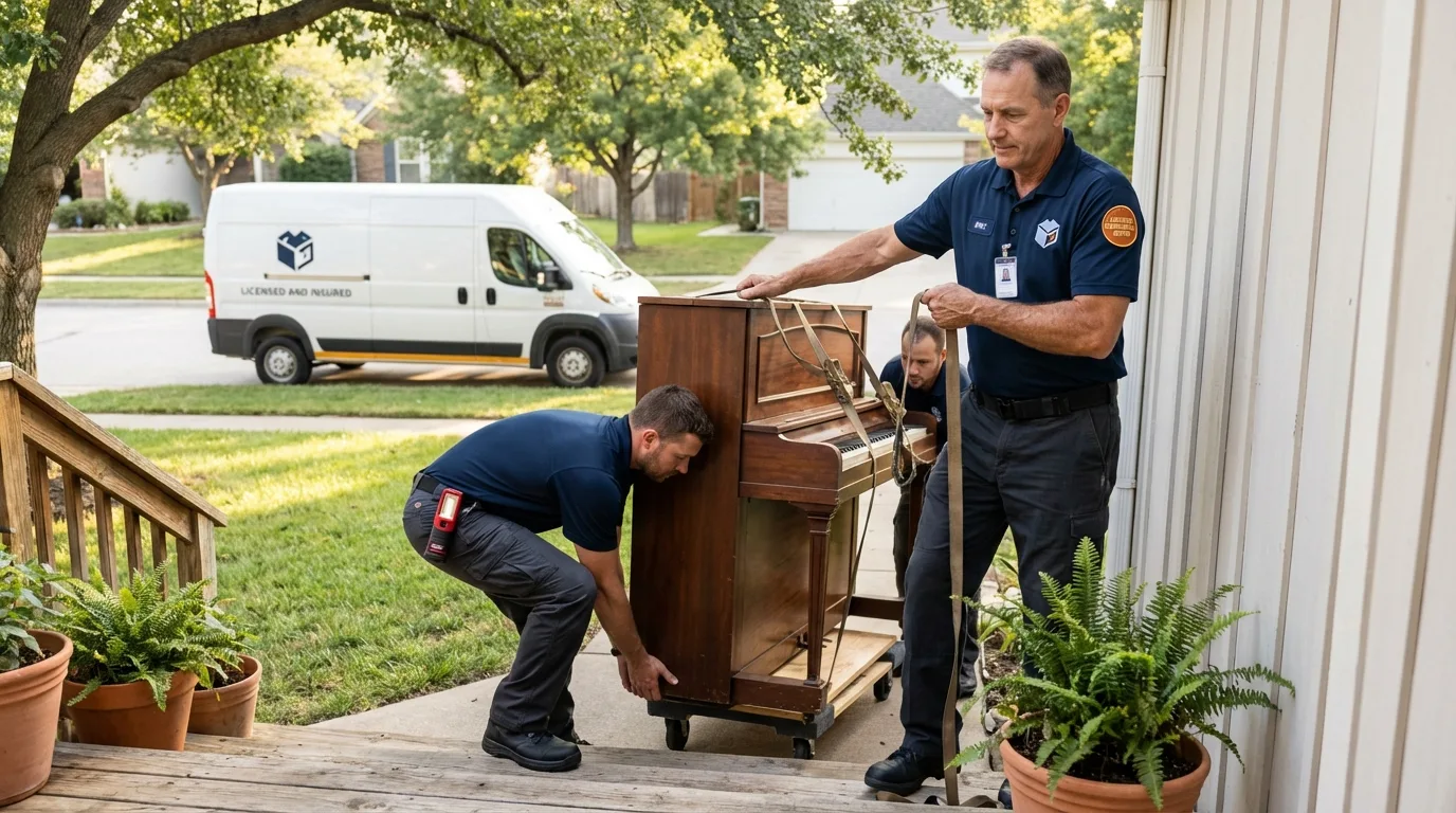 Licensed piano movers securing grand piano in Battle Creek, MI