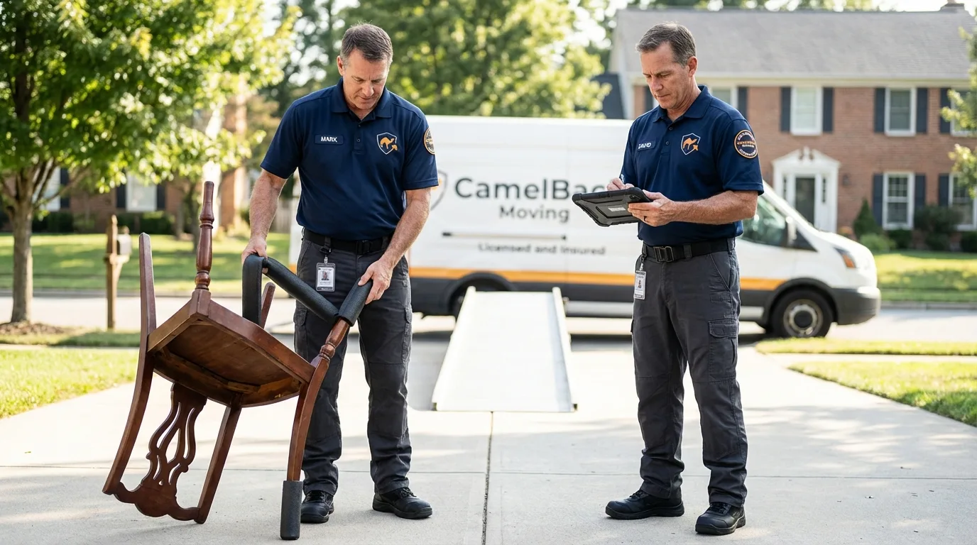 Movers inspecting furniture for damage prevention before loading in Battle Creek, MI