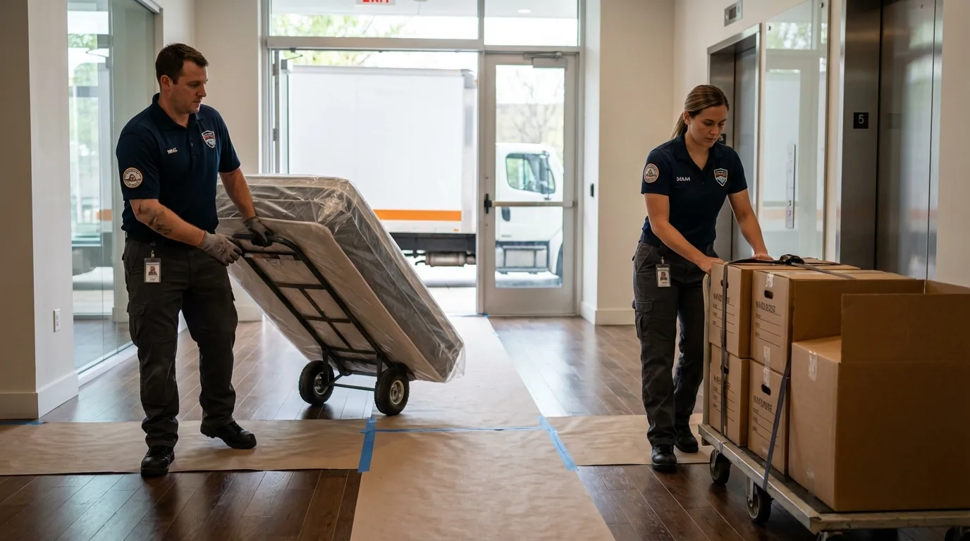 Professional apartment movers loading elevator in Battle Creek, MI