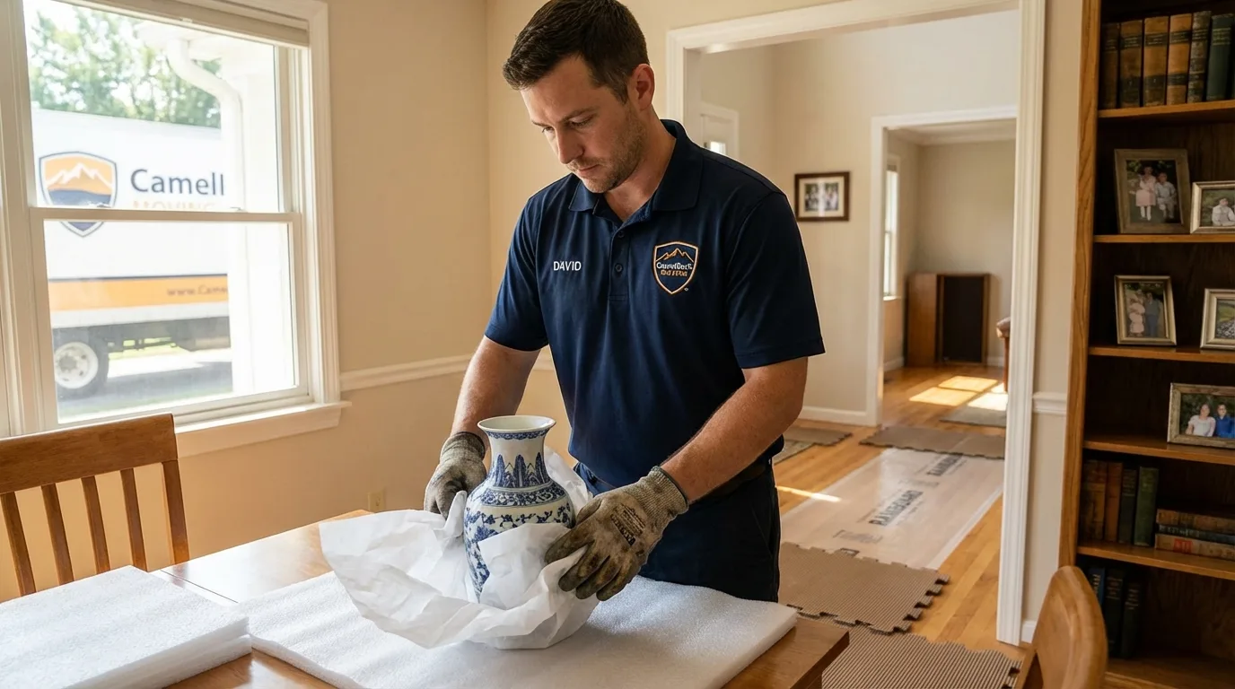 Professional crew carefully wrapping antique vase for senior downsizing move in Battle Creek, MI